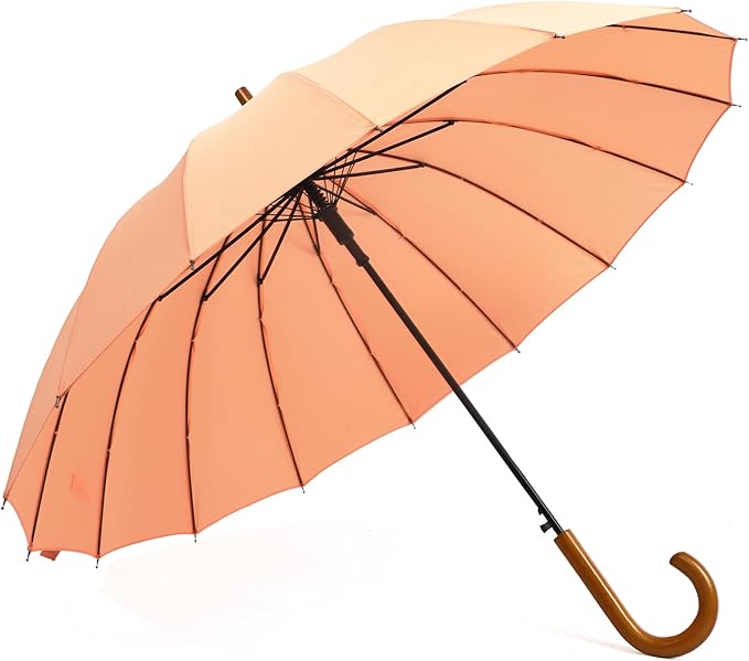 SoulRain 16 Ribs 48" Stick Umbrella Auto Open Solid Color Fashionable and Simple,Arc Classic Wood Handle,Windproof Unbreakable Stick Rain Umbrella