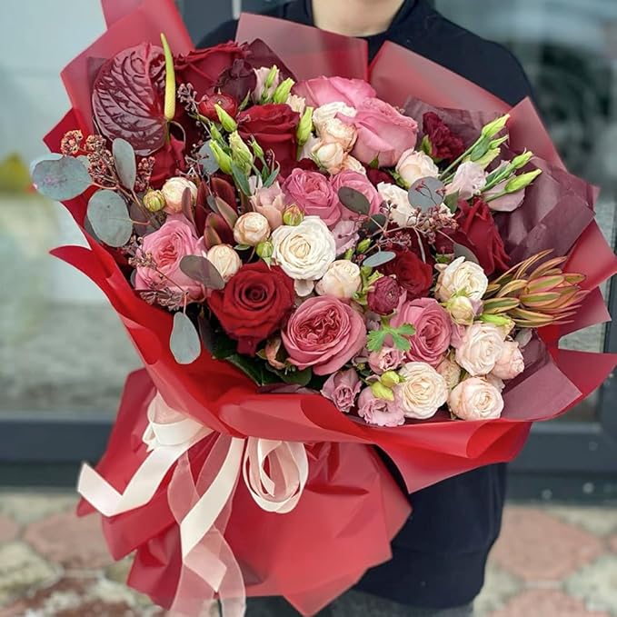 WRAPAHOLIC 20 Sheets Flower Wrapping Paper - 22.4 x 22.4 inch Pure Bright Red Water-Resistant Floral Bouquet Wrapping Paper, Florist Supplies Packaging for Wedding Birthday Gift DIY