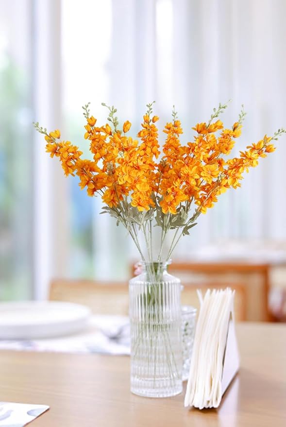 8pcs Delphinium Artificial Flowers 33.5in Long Stem Larkspur Fake Silk Flowers for Tall Vase Faux Flowers for Home Wedding Baby Shower Floral Arrangement Centerpiece Table Decorations (Orange)