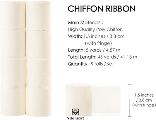 Vitalizart 9 Rolls 1.5" x 45 Yd Cream White Handmade Chiffon Silk Ribbon Fringe Frayed Edges Ribbons for Wedding Invitations Bridal Bouquets Gifts Wrapping Crafts Holiday Decor