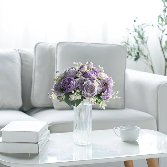 Mkono Peonies Artificial Flowers, Small Silk Flowers for Home Decor Indoor Fake Bouquet Faux Floral Arrangements Dining Table Centerpieces for Kitchen Bridal Wedding Party Decor Purple