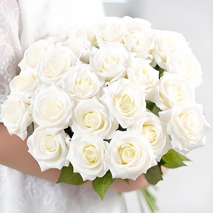 200 Pack Artificial Silk Roses Flowers - Milky White Fake Flowers for Wedding Decor, 3.7in(7cm) Silk-Like Velvet Flower Heads with 50cm Long Stems, Home Centerpieces, Bridal Shower (200, Milky White)