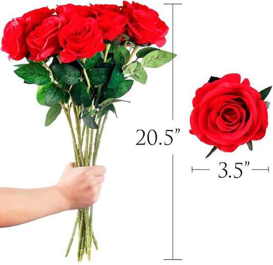 Mocoosy 12PCS Red Roses Artificial Flowers, Fake Roses with Long Stems Realistic Silk Rose Bouquets Wedding Centerpiece Decorations Faux Floral Arrangements Bridal Shower Party Home Office Table Decor