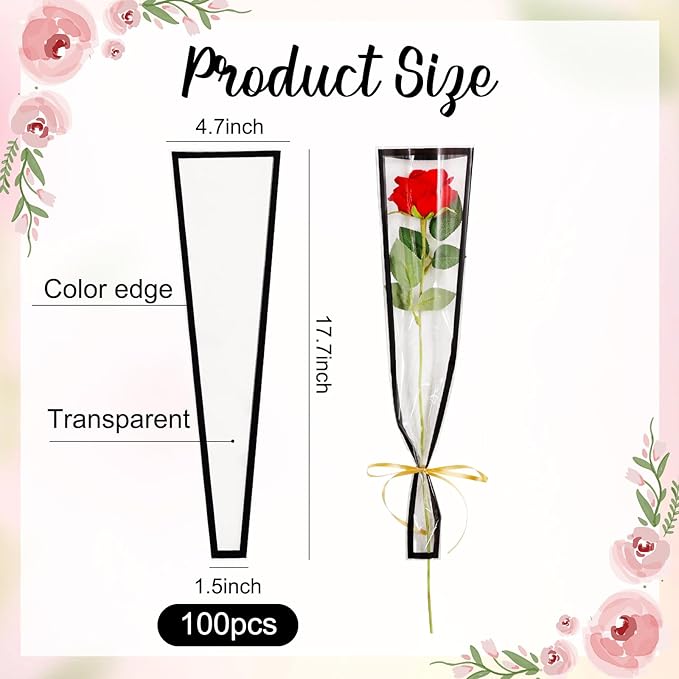BEISHIDA 100 PCS Single Rose Sleeve Single Flower Wrapping Bags Single Rose Packaging Cellophane Flower Sleeves for Florist Bouquet Supplies, Mother's Day, Valentine's Day,Wedding Gift(Pink Edge)
