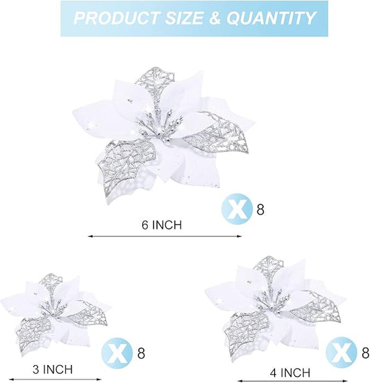 Boao 24 Pieces Christmas Artificial Glitter Poinsettia Flowers Xmas Flowers Wedding Christmas Tree New Year Ornaments(White)
