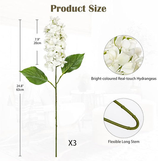 Artificial Hydrangea Flowers Real Touch – 3PCS 24.8" Faux Cone Hydrangea Stems for Tall Vases, Home Décor, Wedding Centerpieces, Floral Arrangements – Pure White