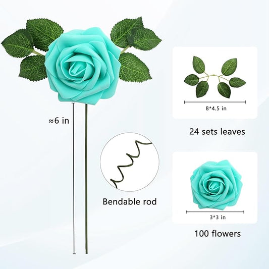 JOYLEX Artificial Flowers Realistic Roses, Real Looking Fake Roses with Stem for DIY Wedding Bouquets Centerpieces Bridal Shower Party Home Romantic Decorations (Turquoise, 100pcs)