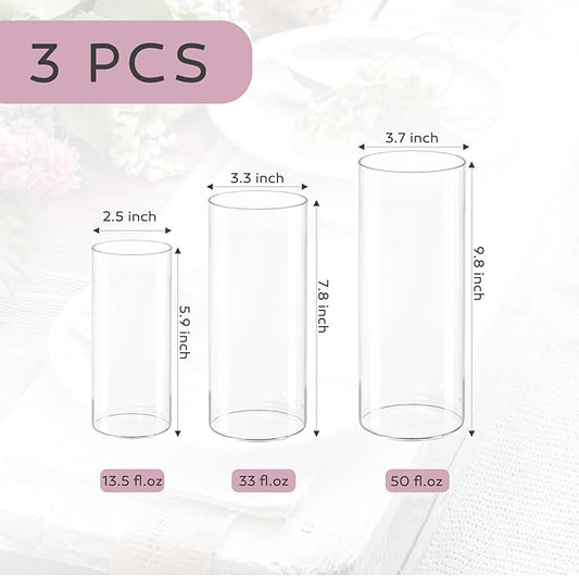 3 PCS Modern Glass Cylinder Vases Set (6/8/10 Inch) – Elegant Bud Vases, Floating Candle Holders & Wedding Centerpiece Displays for Home Decor, Holidays, Housewarming Gifts