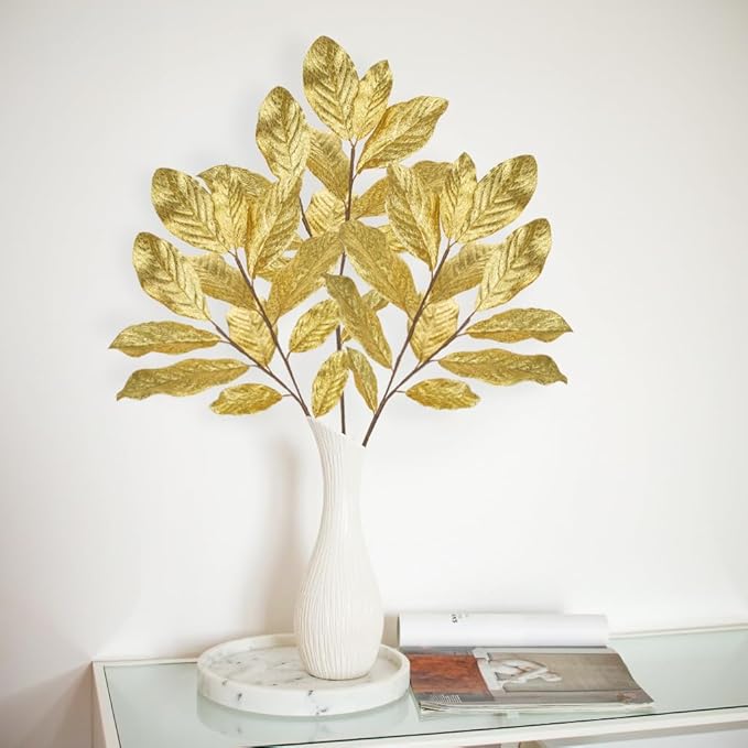 3 Pack Gold Glittered Artificial Leaf Spray Picks 31" Tall Magnolia Leaves Long Stems for Christmas Picks Winter Wedding Christmas Tree Garland Wreath DIY Bouquet Centerpiece Vase