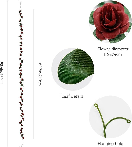 12 PCS 98.4 FT Artificial Flower Garland Red Rose Garland for Wedding Room Decor(12,Wine Red)
