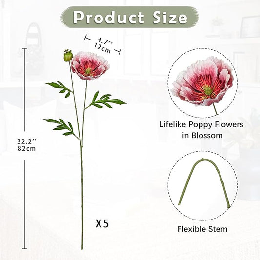 Hollyone 5Pcs Red Poppy Flowers Artificial Bouquet 32.2" Silk Fake Poppy Flowers Arrangement Real Touch Faux Poppies Flower Long Stem for DIY Wedding Party Table Centerpiece Table Home Decor