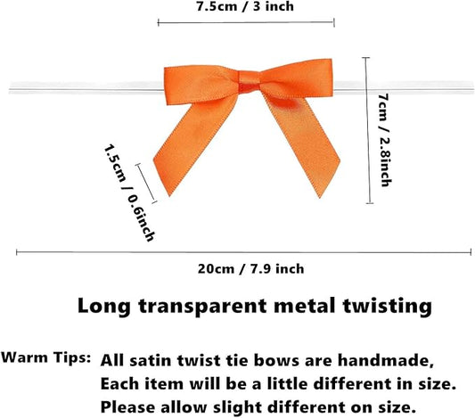 100 Pack Orange Satin Pretied Bows, 3" Satin Ribbon Twist Tie Bows for Gift Bags, Crafts, Weddings & Holidays