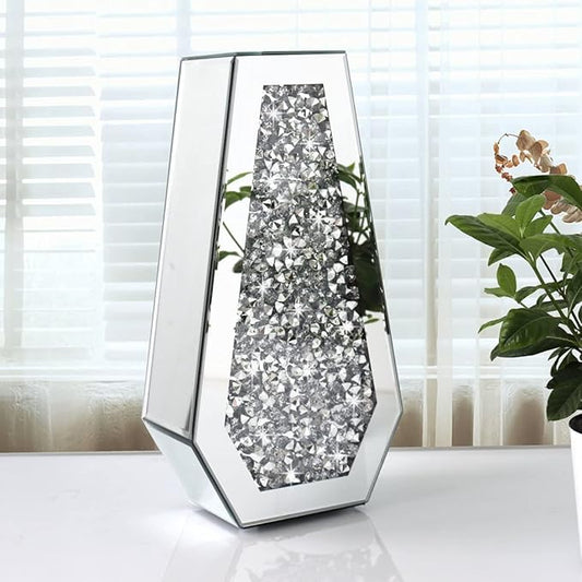 Flower Vase Crushed Diamond Mirrored Vase Crystal Silver Glass Decorative Mirror Vase Large Size Luxury for Home Decor. Diamond Shape Thickened. Can’t Hold Water.
