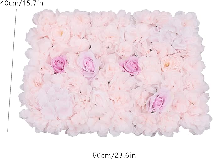 4Pcs Artificial Flower Wall Panel,3D 16" X 24" Silk Rose Mat Artificial Flower Wall,Rectangle Decorative Backdrop Flower Panels Wall for Bridal,Patio,Garden,Yard Decor(Light Pink, Champagne)
