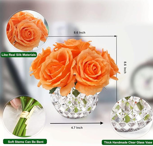 7 Large Stem Orange Rose Artificial Flowers in Vase, Silk Flowers Arrangement in Round Glass Vase Without Water for Home Decor, Wedding Table (Orange)
