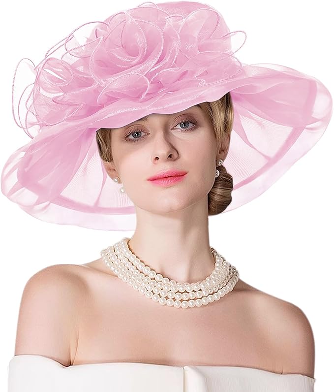 Organza Derby Hats for Women Wide Brim Fascinator Hat Rose Flower Wedding Tea Party Hat