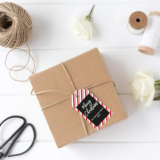 Andaz Press Personalized Christmas Holiday Season Classic Gift Tags, Merry Christmas Custom Family Name and Year, Candy Cane Striped Design, for Holiday Events, Parties, and Favors, 60-Pack