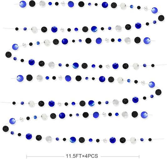 46Ft Navy Blue Black Silver Circle Dots Garland Royal Blue Black Polka Dots Streamer for Birthday Graduations Wedding Bridal Baby Shower Nautical Ahoy Achor Pirate Theme Party Decorations Supplies