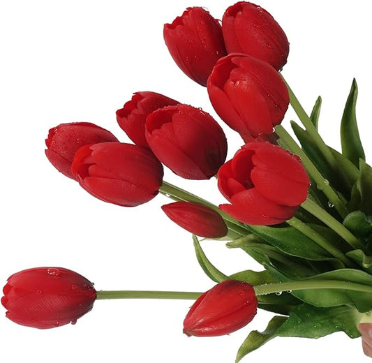 15Pcs Fake Tulips Artificial Flowers Real Touch Latex Bouquet Faux Tulips for Centerpiece Arrangements Wedding Party Home Décor (Hot Red)