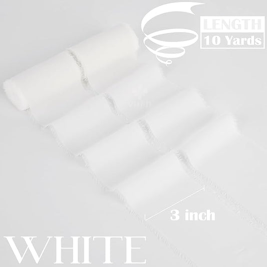 MEEDEE White Chiffon Ribbon 3 Inch White Fringe Ribbons Chiffon Silk Frayed Edge Ribbon Wide Chiffon Ribbons for Crafts, Flower Bouquet, Wedding Favors Wrapping (2 Rolls 10 Yards)