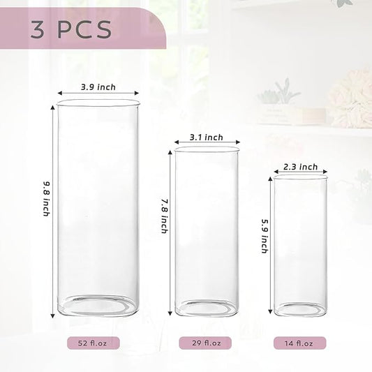 3 PCS Modern Square Glass Cylinder Vases Set (6/8/10 Inch) – Elegant Bud Vases, Floating Candle Holders & Wedding Centerpiece Displays for Home Decor, Holidays, Housewarming Gifts