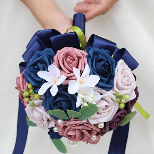Lightweight Bridal Wedding Bouquet Round Holding Bouquet Throw Toss Artificial Rose Flower Bunch for Bride Bridesmaid Wedding Quinceanera (Navy, Smoky Rose, Light Taro & Dark Puce, 7.9")