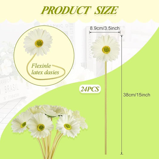 WILLBOND 24 Pieces Artificial Gerbera Daisies Flowers Fake Daisy Faux Boho Daisy Flowers Bouquet 15 in for Boho Birthday Decorations Wedding Home Decor (White)