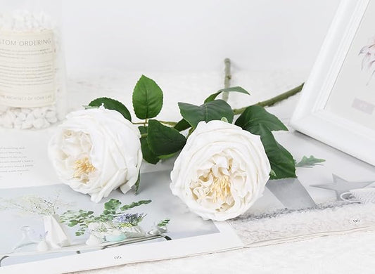 IPOPU White Roses Artificial Flowers,5PCS Real Touch Austin Roses Faux Peony Flowers Stems for Wedding Bouquet Party Home Decor(White)