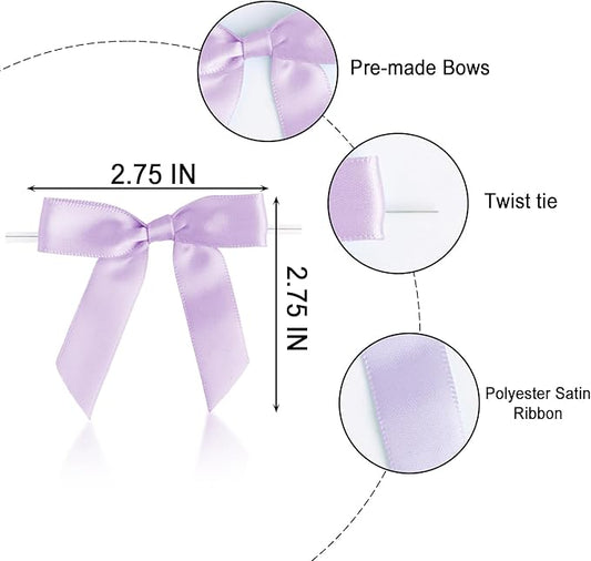 50 PCS Purple Twist Tie Bows 2.5" Satin Ribbon Bows Decor for Gift Wrapping Craft Treat Bags Cake Pop Basket, Wedding Baby Shower Birthday Party Favors
