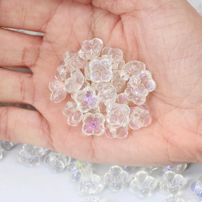 100PCS Glass Flower Beads for Jewelry Making 4 Petal Flower Bead Caps Gradient Cute Floral Beads Aesthetic Charms for Necklace Bracelets Earrings DIY Craft Home Decoration-AB White