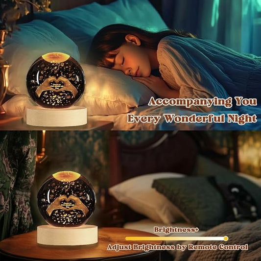 3.15In Crystal Heart Sign Ball Lamp with Wooden Base, 3D Crystal Ball Night Light, 16 Colors, Remotely Controlled, Christmas Birthday Day’s Gifts for Moms Women Girlfriends Daughters