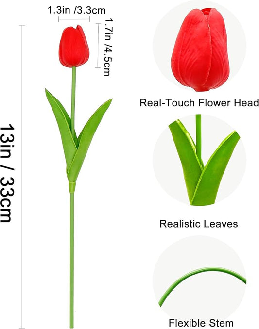 36 PCS Red Tulips Artificial Flowers 13" PU Fake Flowers for Wedding Home Decor (Red)