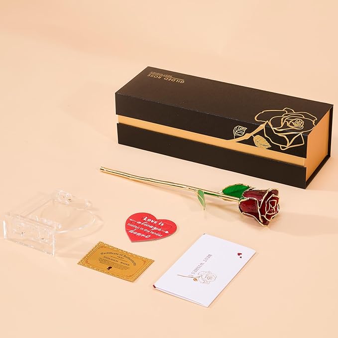 Mikasol Real 24K Gold Dipped Realistic Rose – Timeless Lifelike Bloom with Heart Puzzle Base – Romantic Gradient Red Flower Gift for Her, Wife, Girlfriend, Mom – Birthday, Anniversary, Mother’s Day