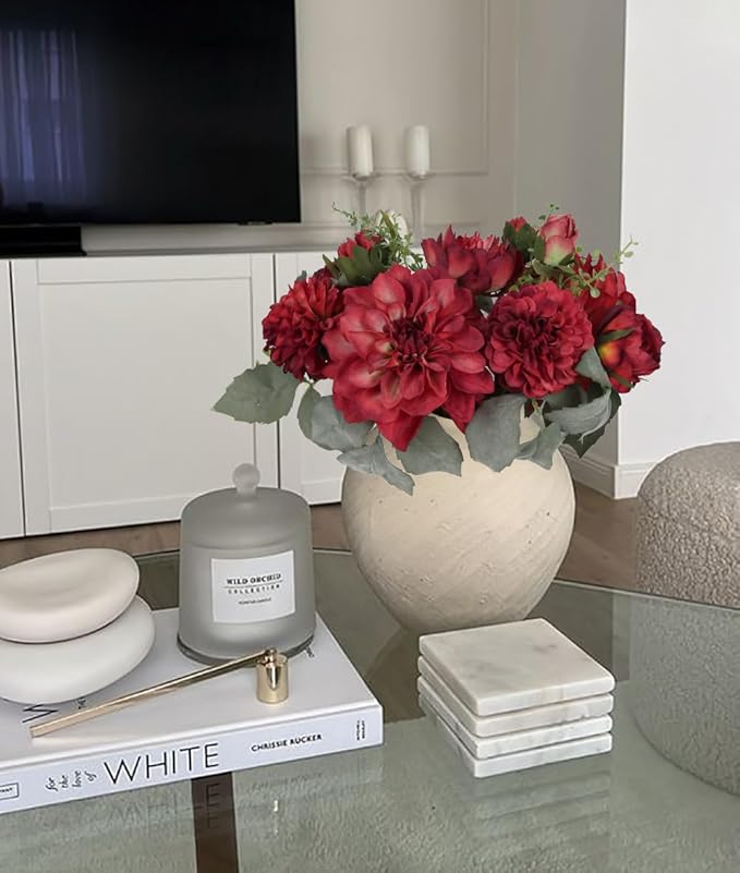 Peonies Artificial Flowers 2 Bouquets Red Dahlia with Peonies 18stems Silk Peonies Flowers with Stems Real Look Fake Dahlia Peonies Flowers Artificial for Decoration for Wedding Bouquet (Red)