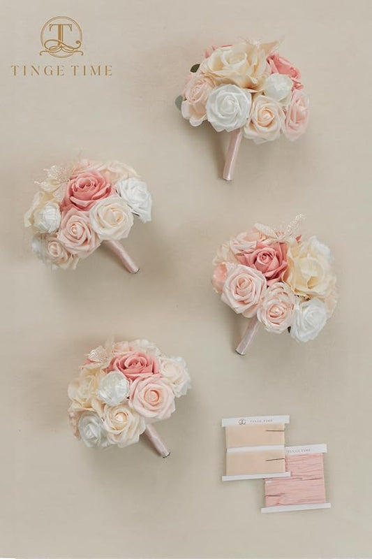 TINGE TIME Bridesmaid Bouquets for Wedding Set of 4 7 Inch Champange & Pink Wedding Bouquets Artificial Silk Flowers Bridal Bouquets for Bridesmaids, Wedding Decor, Anniversary, Party