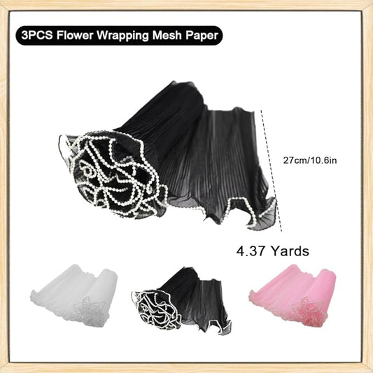 3PCS Flower Wrapping Mesh Paper,SEILETOO 4.37 Yards Pearl Edge Bouquet Packaging Paper for Party Favor Decor, Florist Supplies Wedding Gift Packaging