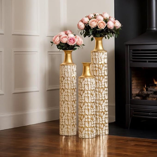 Floor Oversized Gold Metal Decorative Vase with 3D Triangle Pattern Set of 3 Large Vases for Home Living Room 33.5 ", 29.5 ", 25.2" High (Antique White)