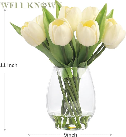 WELL KNOWN 12 Pcs Tulips Artificial Flowers in Vase, Real Touch Tulips with Vase with Upgrate Acrylic Water Flower Arrangements Centerpiece for Dining Room Table Decoration(Cream)