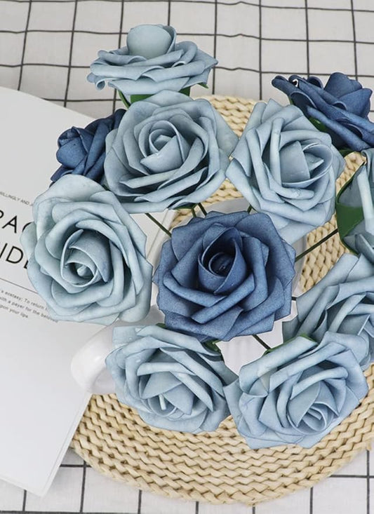 50pcs Artificial Flower,Real Touch Foam Roses w/Stem DIY for Wedding Bouquet Centerpieces Party Shower Home Decor-Dusty Blue Shades