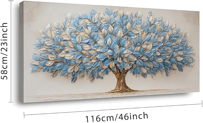Blue Tree of Life Canvas Wall Art Nature Blue Gold Leaf Abstract Tree Canvas Painting Textured Pictures, Modern Large Panoramic Landscape Ready for Living Room Bedroom Office Home Décor 46L" x 23W"