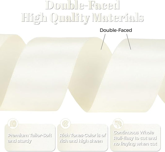Ivory Satin Ribbon, Double Faced 2 Inch X 25 Yards, Premium Satin Ribbon for Gift Wrapping, Crafts, Hair Bow Making, Sewing, Flower Bouquet, Wedding Party Decor