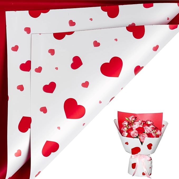 LeZakaa 20 Sheets Flower Wrapping Paper, Red Heart Design Waterproof Floral Bouquet Paper for Valentine's Day, Wedding, Anniversary Romantic Gift Packaging