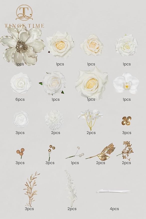 TINGE TIME Roses Artificial Flowers White Faux Flowers Bulk for DIY Bridal Wedding Bouquets Baby Shower Centerpiece Table Home Decorations(Brilliant White)