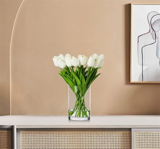ENOVA FLORAL 20 Heads White Tulips Real Touch Artificial Flowers in Vase, Fake Tulips Flowers with Vase and Faux Water for Dining Table Decoration, Home Wedding (White)