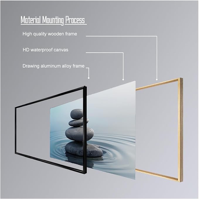 Zen wall art Harmonious grey stones stacked on a calm surface of water Serene Zen decor suitable for tranquil homes and spaces of meditation 12x18in Metal blackFramed