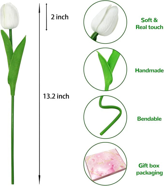 28pcs White Flowers Artificial Tulip Stems Real Feel PU Tulips for Easter Spring Wreath Wedding Bouquet Centerpiece Floral Arrangement Cemetery Table Décor 13" Tall