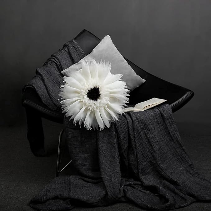 3D Flower Round Throw Pillow Cute Decorative Daisy Accent Cushion Handmade Soft Elegant Velvet Pillowcase with Inserts for Bed Couch Chair Car Bedroom Living Room Home Decor Gift 14Inch White