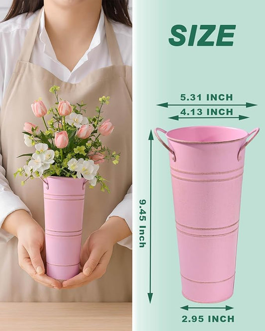 9 Inch Galvanized Metal Vases for Flowers - 6 Pcs Farmhouse Decorative Tall Flower Bucket with Handles, Rustic French Tin Planter Buckets for Wedding Decor (Pink)