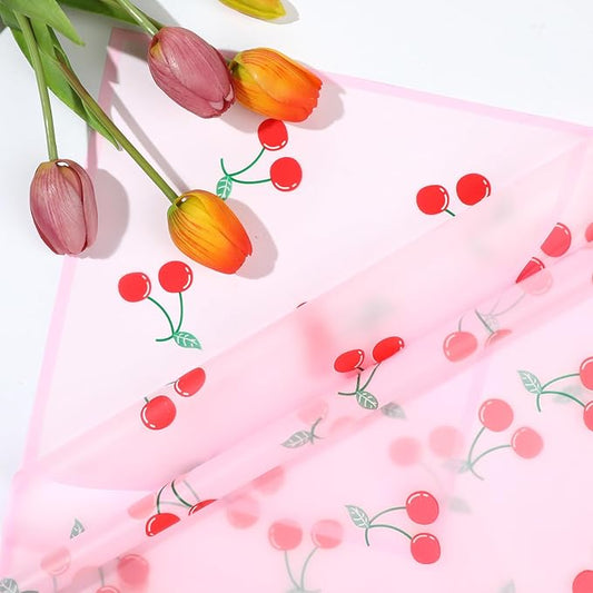 Liobelon 20 Sheets Flower Wrapping Paper Waterproof Bouquet Paper with Cherry Pattern Pink Gift Wrapping Paper for Flower Shop, Wedding, Birthday Party, Handmade DIY, Anniversary 22.8 x 22.8 Inch