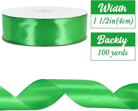 TONIFUL 1-1/2 Inch (40mm) x 100 Yards Bright Green Wide Satin Ribbon Solid Fabric Ribbon for Gift Wrapping Chair Sash Valentine's Day Wedding Birthday Party Decoration Hair Floral Craft Sewing